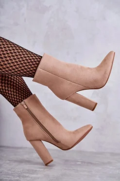 Eleganckie Zamszowe Botki Na Słupku Ciemnobeżowe Ettany