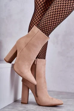 Eleganckie Zamszowe Botki Na Słupku Ciemnobeżowe Ettany