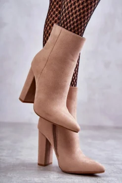 Eleganckie Zamszowe Botki Na Słupku Ciemnobeżowe Ettany