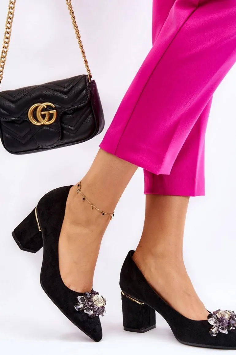 Eleganckie Zamszowe Czółenka Z Ozdobą Czarne Elianne