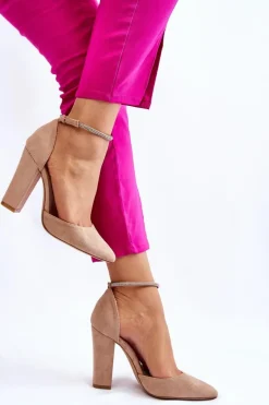 Eleganckie Zamszowe Czółenka Na Słupku Beżowe Kaliya