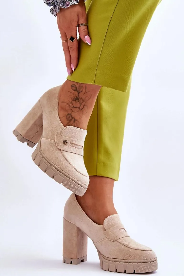 Eleganckie Zamszowe Półbuty Na Obcasie Beżowe Mintore