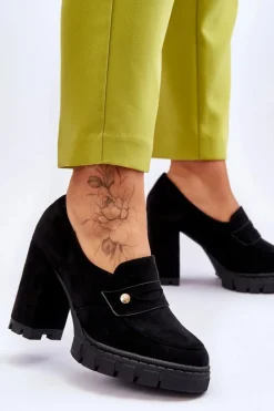 Eleganckie Zamszowe Półbuty Na Obcasie Czarne Mintore