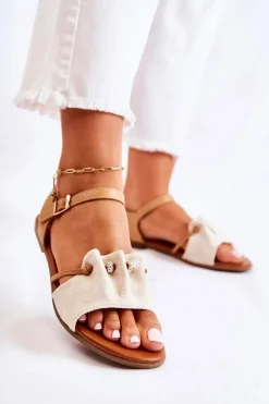 Eleganckie Zamszowe Sandały Z Cekinami Beżowe Vitoria