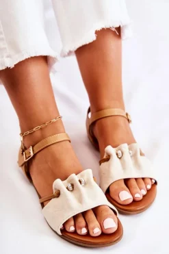 Eleganckie Zamszowe Sandały Z Cekinami Beżowe Vitoria