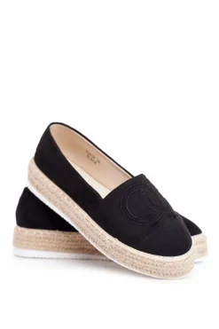 Espadryle Damskie Gruba Podeszwa Lniane Czarne Febi