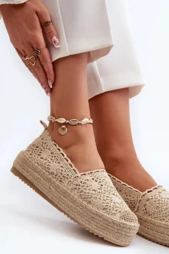 Espadryle Damskie Koronkowe Na Platformie Beżowe Elarose