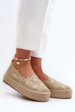 Espadryle Damskie Koronkowe Na Platformie Złote Elarose