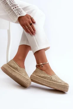 Espadryle Damskie Koronkowe Na Platformie Złote Elarose