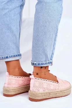 Espadryle Damskie Koronkowe Różowe Platforma Desante