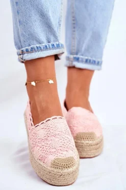 Espadryle Damskie Koronkowe Różowe Platforma Desante