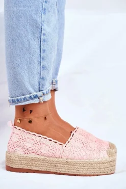 Espadryle Damskie Koronkowe Różowe Platforma Desante
