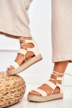 Espadryle Damskie Na Platformie Wiązane Beżowe Fuerta