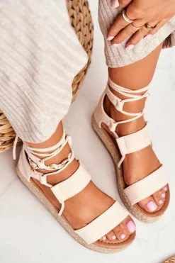 Espadryle Damskie Na Platformie Wiązane Beżowe Fuerta