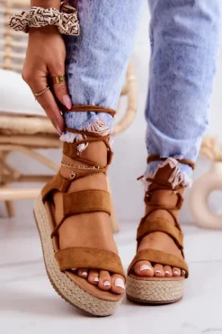 Espadryle Damskie Na Platformie Wiązane Camel Fuerta