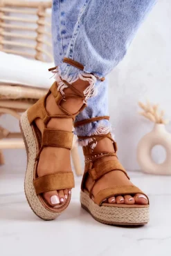 Espadryle Damskie Na Platformie Wiązane Camel Fuerta