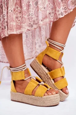 Espadryle Damskie Na Platformie Lniane Żółte India