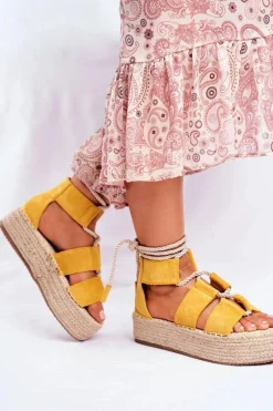 Espadryle Damskie Na Platformie Lniane Żółte India