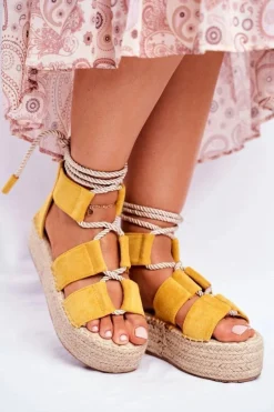 Espadryle Damskie Na Platformie Lniane Żółte India