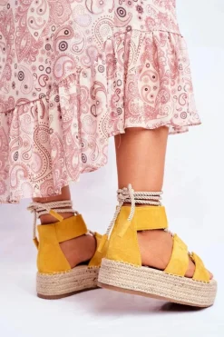 Espadryle Damskie Na Platformie Lniane Żółte India