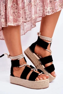 Espadryle Damskie Na Platformie Lniane Czarne India