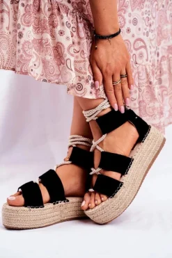 Espadryle Damskie Na Platformie Lniane Czarne India