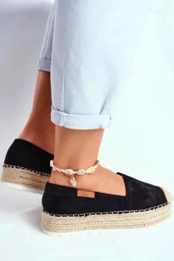 Espadryle Damskie Na Platformie Lniane Czarne La Playa