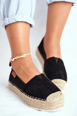 Espadryle Damskie Na Platformie Lniane Czarne La Playa