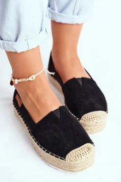 Espadryle Damskie Na Platformie Lniane Czarne La Playa