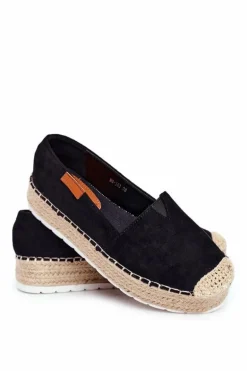 Espadryle Damskie Na Platformie Lniane Czarne La Playa