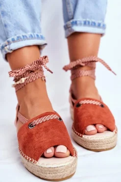 Espadryle Damskie Na Platformie Lniane Pomarańczowe Monacoz