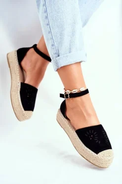 Espadryle Damskie Na Platformie Lniane Czarne Palermo