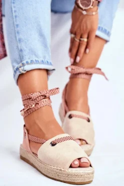 Espadryle Damskie Na Platformie Lniane Beżowe Monacoz