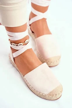 Espadryle Damskie Wiązane Lniane Beżowe Bonjour