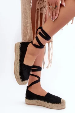 Espadryle Damskie Wiązane Na Platformie Z Plecionką Czarne Tailesse