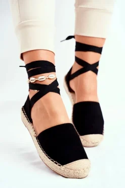 Espadryle Damskie Wiązane Lniane Czarne Bonjour