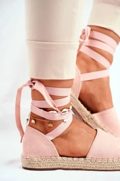 Espadryle Damskie Wiązane Lniane Różowe Bonjour