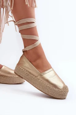 Espadryle Damskie Wiązane Na Platformie Z Plecionką Złote Tailesse