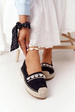 Espadryle Na Platformie Z Muszelkami Czarne Seashell