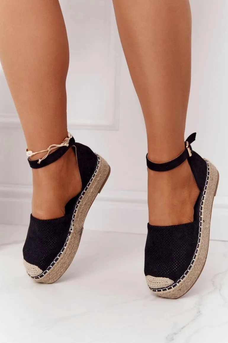 Espadryle Na Słomkowej Platformie Czarne Bali