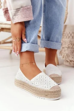 Espadryle Na Słomkowej Platformie S.Barski Biało-Srebrne