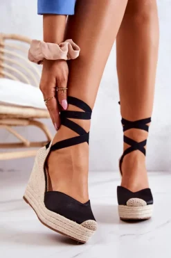 Espadryle Sandały Na Koturnie Czarne Terrific