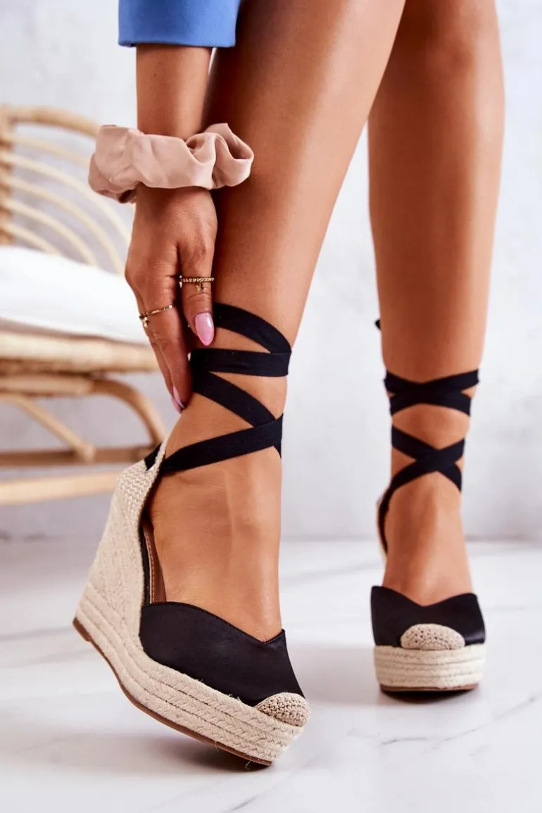 Espadryle Sandały Na Koturnie Czarne Terrific