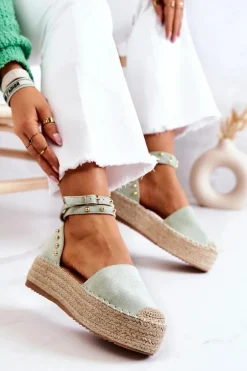 Espadryle Sandały Z Dżetami Zielone Lillian