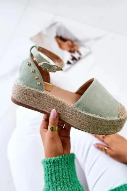 Espadryle Sandały Z Dżetami Zielone Lillian