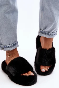 Futrzane Kapcie Damskie Czarne Biella