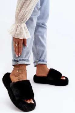 Futrzane Kapcie Damskie Czarne Biella