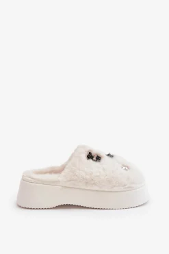 Futrzane Kapcie Damskie Na Grubej Podeszwie Z Przypinkami Jasnobeżowe Zintoria