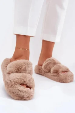 Futrzane Kapcie Damskie Na Platformie Khaki Talfedi