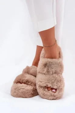 Futrzane Kapcie Damskie Na Platformie Khaki Talfedi